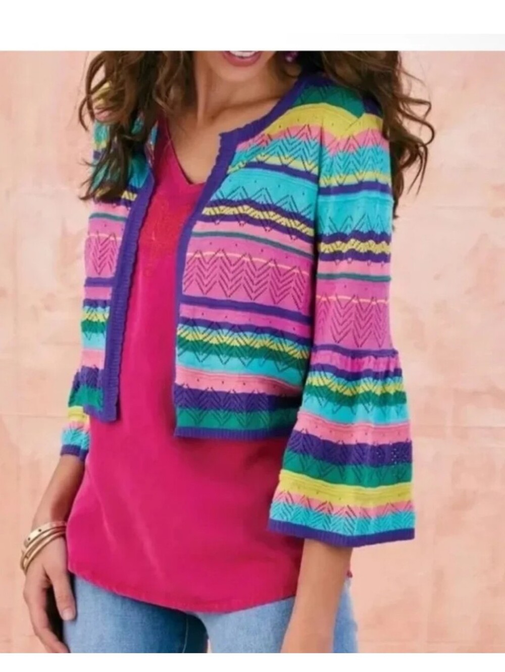 Soft Surroundings Monteverde Stripe Cardigan Cropped Flair Sleeve Open Cardigan